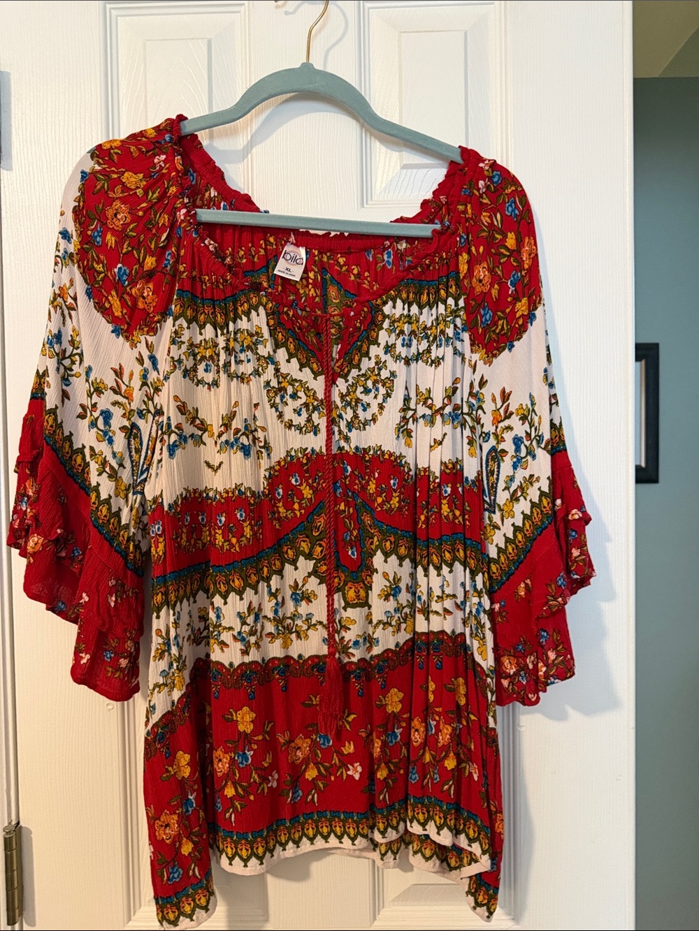 Bila Vibrant Red Floral Peasant Top